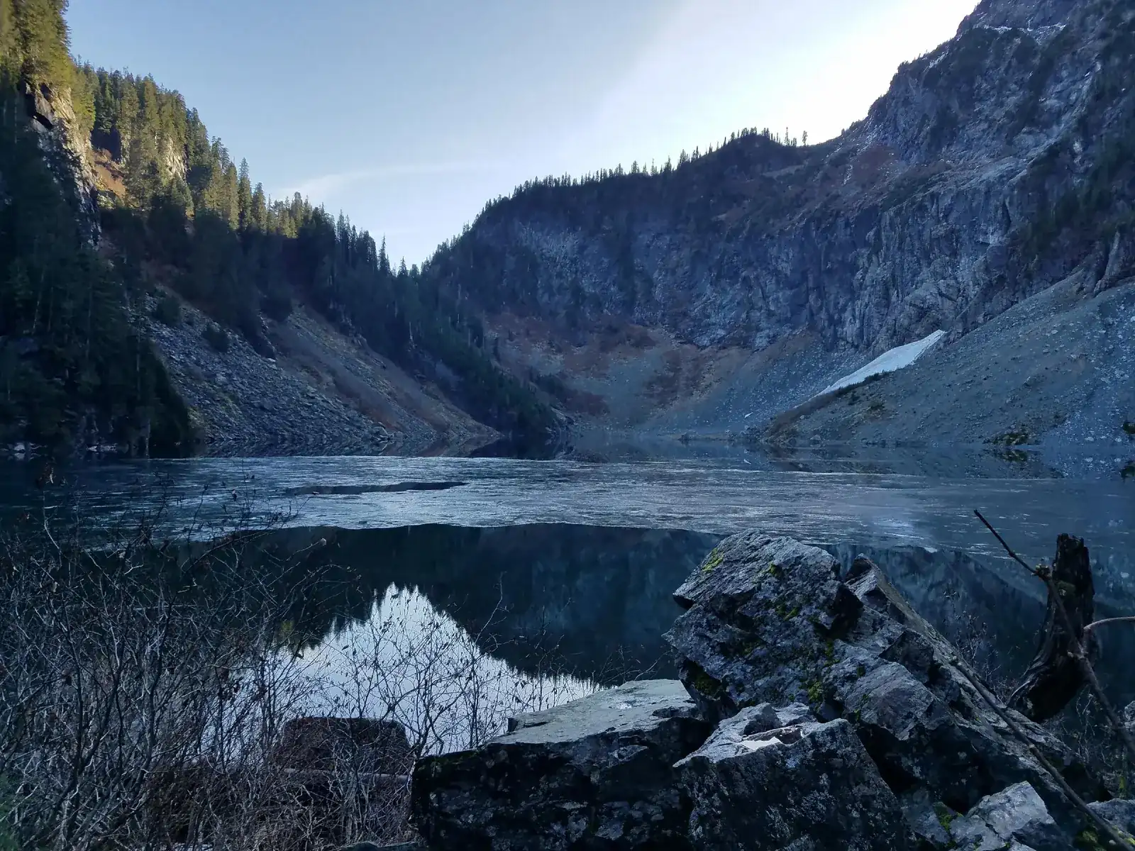 A still alpine lake reflecting the mountains
